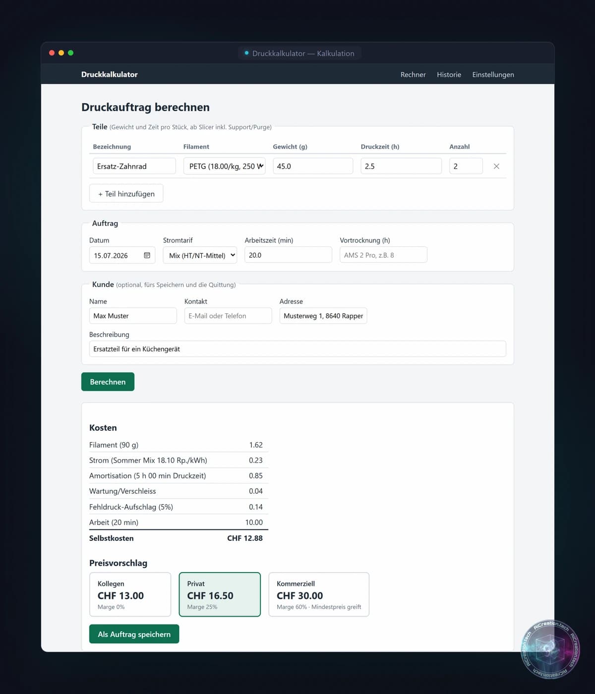 Screenshot des Druckkalkulators mit einem Demo-Auftrag: Kostenaufstellung aus Filament, Strom, Amortisation und Arbeit plus drei Preisprofile