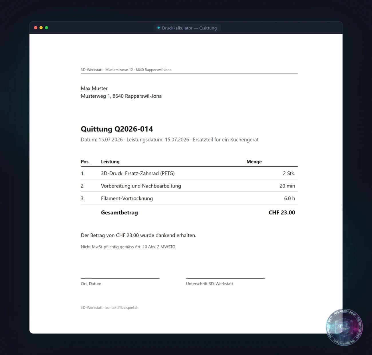 Screenshot einer generierten Quittung aus dem Druckkalkulator mit Demo-Daten: Positionen, Gesamtbetrag und MWST-Hinweis
