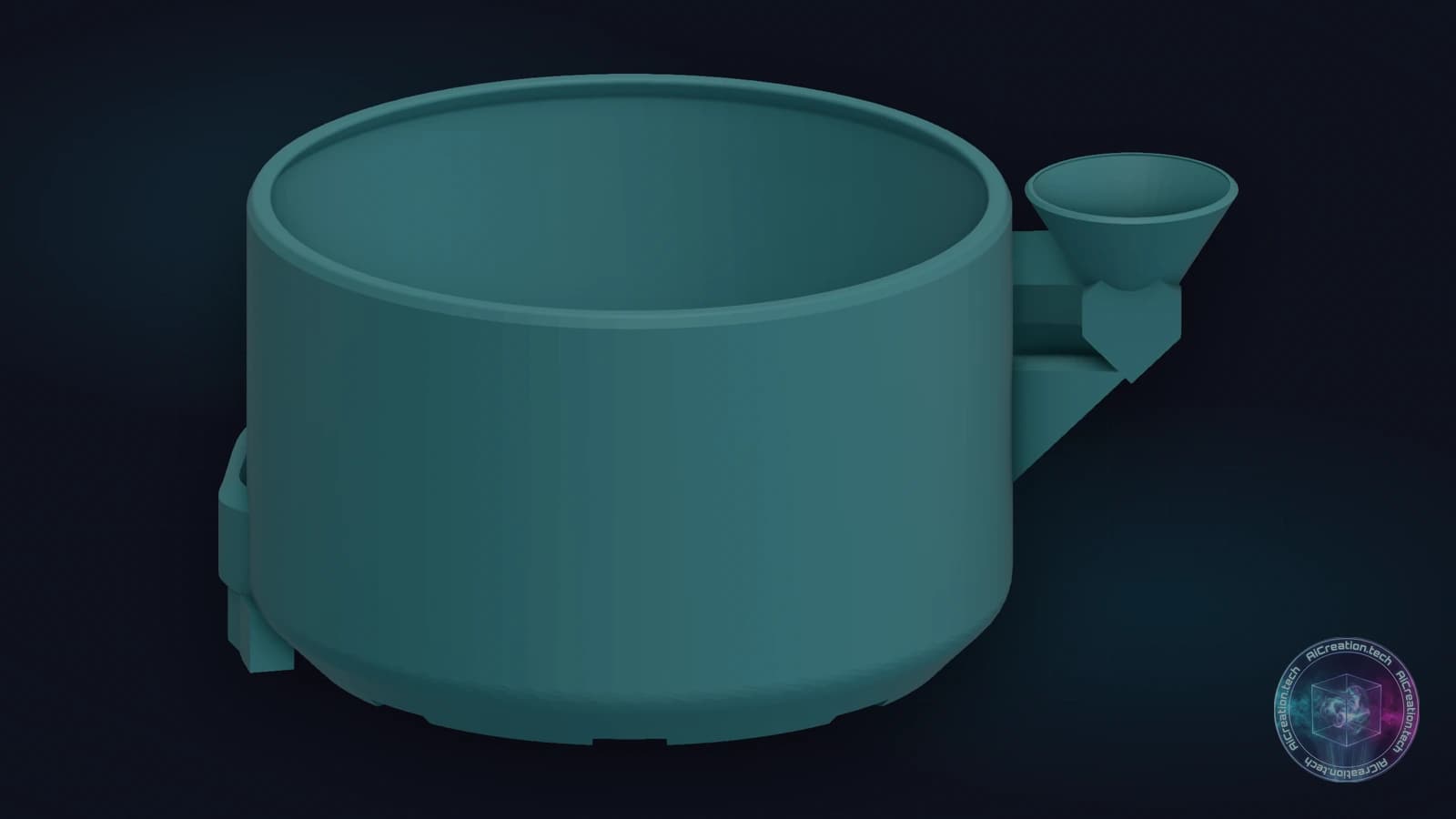 Render der Beeren-Vortex-Schale aus der automatischen Prüf-Pipeline: türkises 3D-Modell mit Auslauf-Trichter und aussenliegendem Abfluss-Kanal auf dunklem Hintergrund