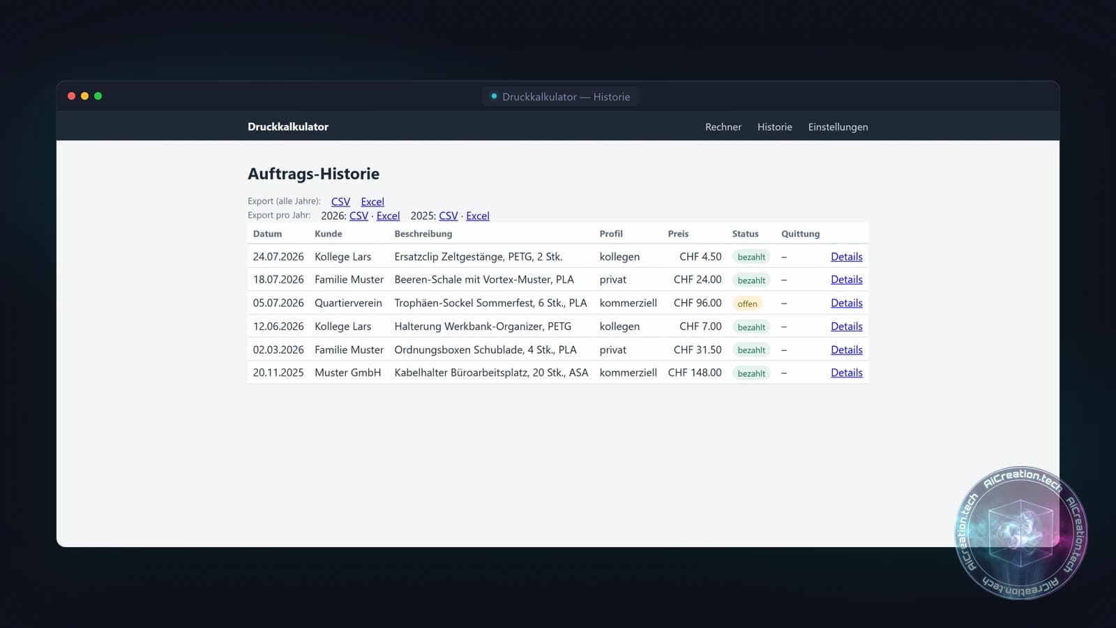 Auftrags-Historie des Druckkalkulators mit fiktiven Demo-Aufträgen: Tabelle mit Kunde, Beschreibung, Preisprofil, Status sowie CSV- und Excel-Export pro Jahr