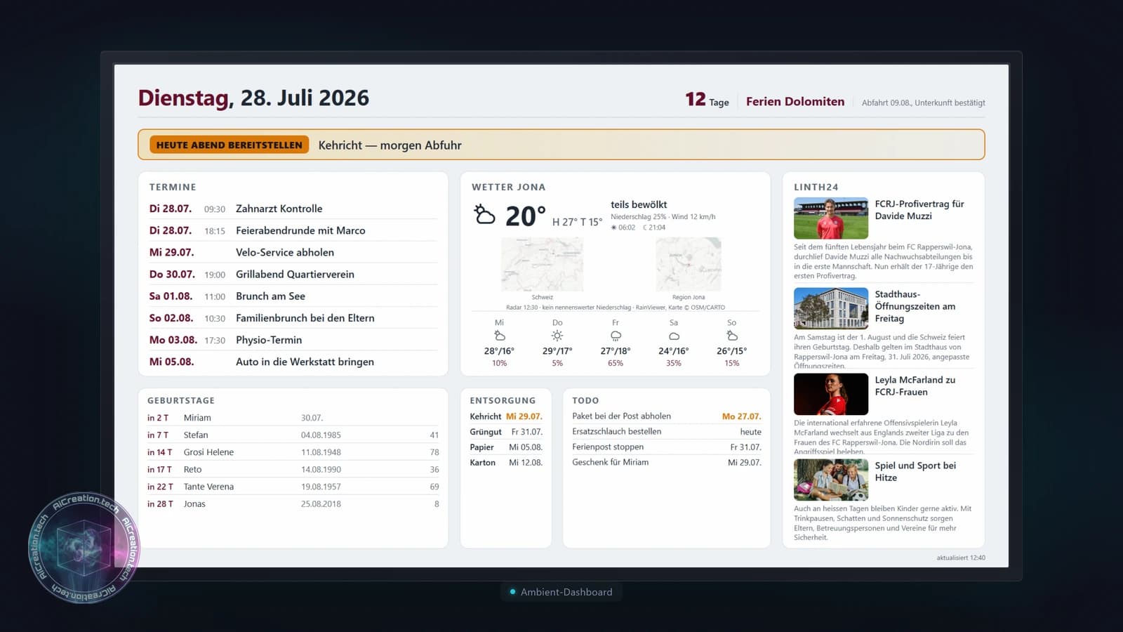 Das Ambient-Dashboard im hellen Tag-Thema mit Demo-Daten: dieselben Kacheln auf hellem Hintergrund, wie das Layout tagsüber nach Sonnenstand umschaltet