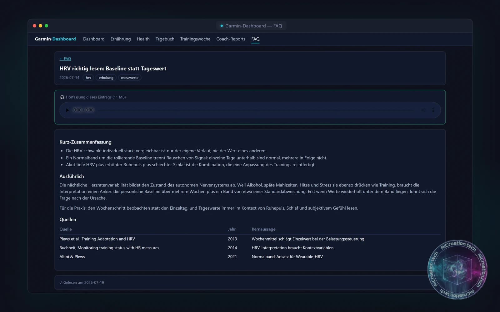 FAQ-Bereich des Dashboards mit einem Demo-Wissenseintrag zur HRV-Interpretation: Kurz-Zusammenfassung, ausführliche Erklärung, Quellentabelle und Audio-Player für die generierte Hörfassung