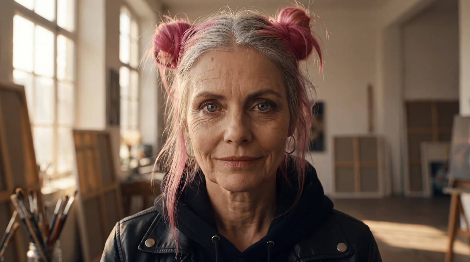 4k-Ankerbild aus dem Kurzfilm: Tabea in ihren Fünfzigern am Atelierfenster, die Space Buns silbergrau mit verblassten pinken Spitzen