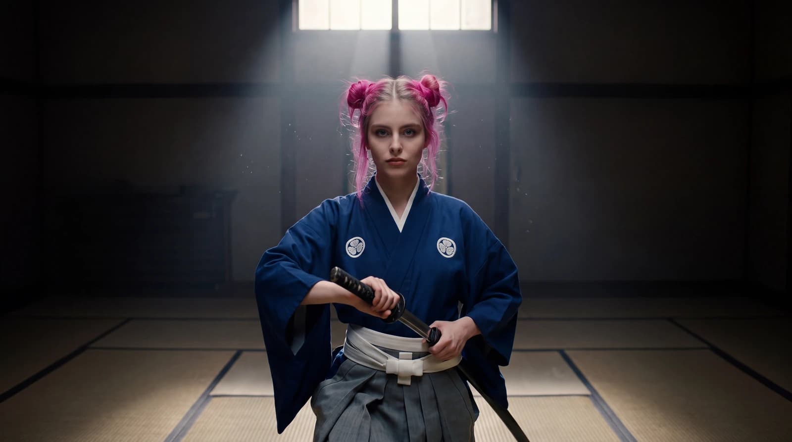 4k-Ankerbild aus dem Kurzfilm: Tabea als Samurai in ruhiger Haltung