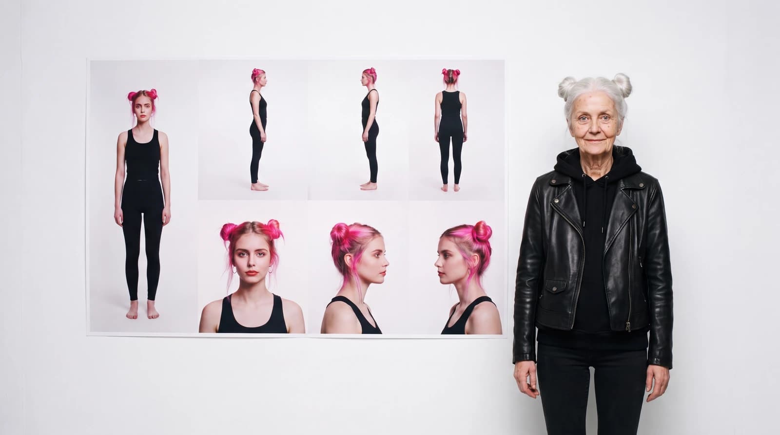 4k-Ankerbild aus dem Kurzfilm: Tabea mit etwa 85 Jahren zurück im weissen Studio neben ihrem eigenen Character-Sheet