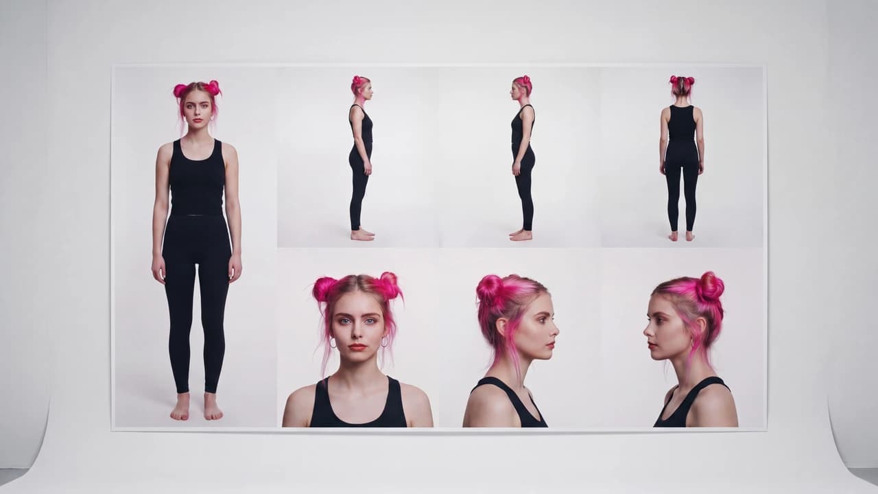 Kurzfilm: Die synthetische Figur Tabea tritt aus ihrem Character-Sheet an der Studiowand und durchlebt in 43 Sekunden acht Rollen und jedes Alter, bis sie als alte Frau wieder neben dem Sheet steht