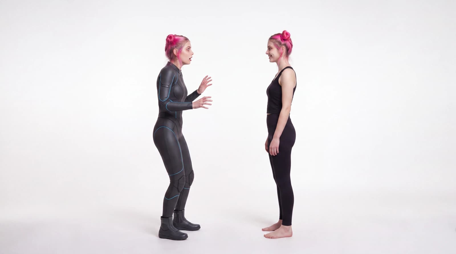 4k-Ankerbild aus dem Kurzfilm: zwei Fassungen von Tabea stehen sich im weissen Void gegenüber, links im Sci-Fi-Anzug, rechts im schwarzen Look aus Teil 1