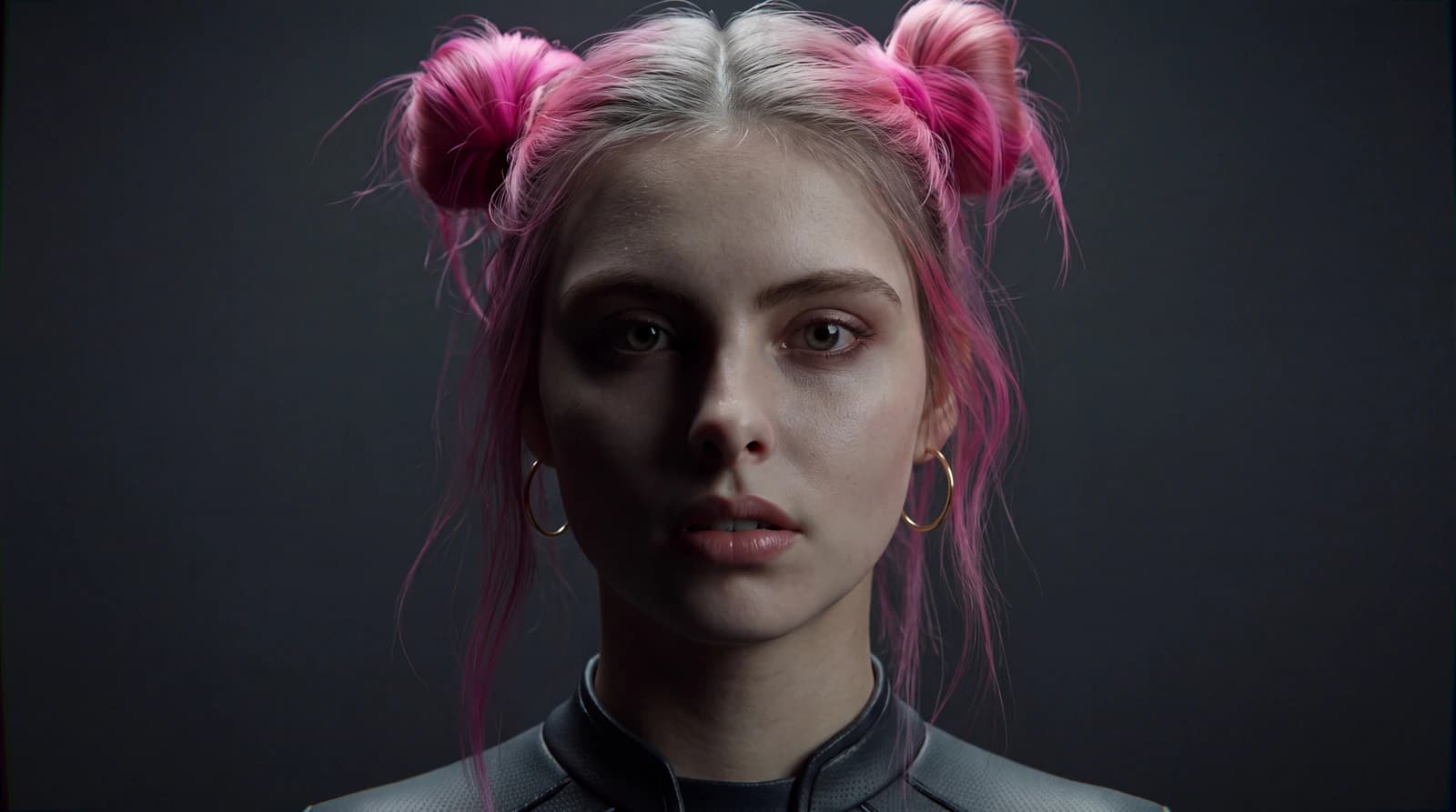 4k-Ankerbild aus dem Kurzfilm: Nahaufnahme von Tabea im Sci-Fi-Anzug, das halbe Gesicht im Schatten, Blick direkt in die Kamera