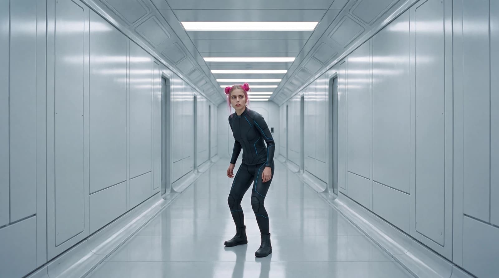 4k-Ankerbild aus dem Kurzfilm: Tabea im Sci-Fi-Anzug in einem sterilen weissen Korridor mit Neonlicht, geduckt und wachsam