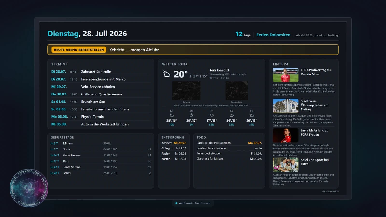 Das Ambient-Dashboard als gerahmtes Wandbild mit Demo-Daten: Editorial-Tagesbild mit Datum, Countdown, Terminen, Wetter samt Regionalradar, Regional-News, Geburtstagen, Entsorgungsterminen und Todo-Liste aus dem Kalender