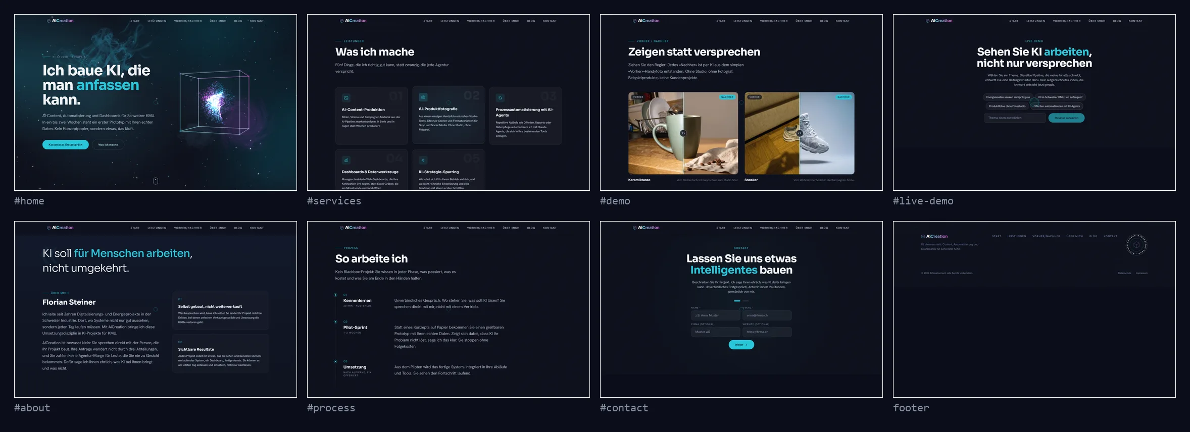 Acht statische Section-Screenshots der Startseite im Raster