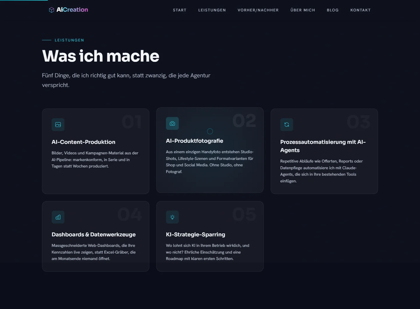 Screenshot der Services-Sektion mit fünf gleichförmigen Karten